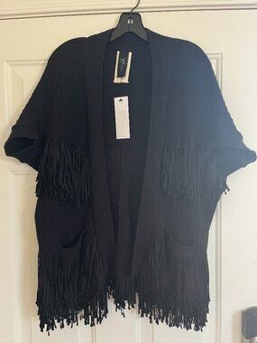 Zero + Maria Cornejo Fringe Hex Shrug in Black, size S